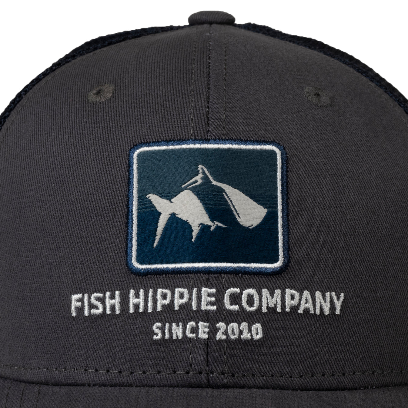 Fish Hippie Co. Fishing Hat Baseball Cap Blue Gray Red Mesh